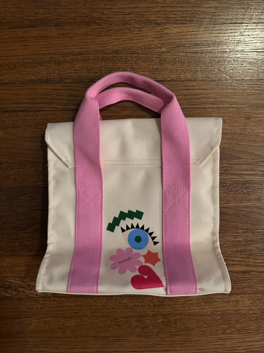 Mini Cream Canvas Tote Bag with Pink Straps